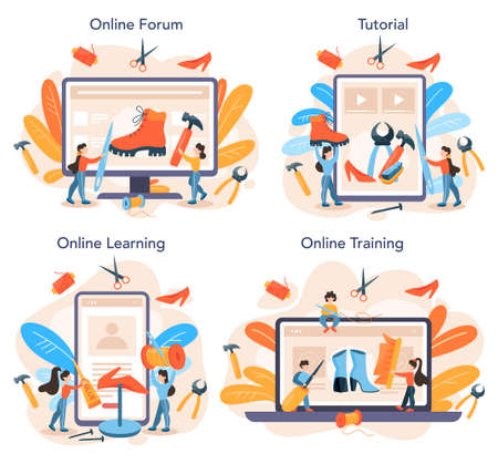 Shoemaker online service or platform set. Male and female characterのイラスト素材