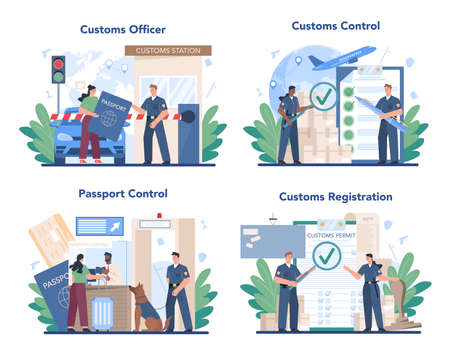 Customs officer concept set. Passport control at the airport.のイラスト素材
