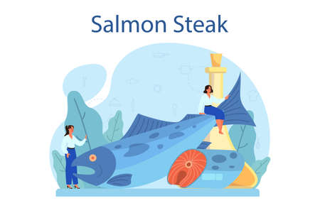 Salmon steak. Chef cooking grilled fish steak on the plate withのイラスト素材