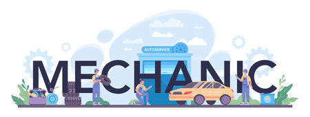 Mechanic typographic header. People repair car using professional tool.のイラスト素材