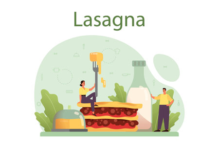 Tasty lasagna. Italian delicious cuisine on the plate. Peopleのイラスト素材