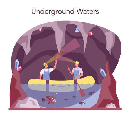 Speleologist concept. Scientst exploring deep cave with specialのイラスト素材