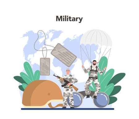 Soldier concept. Millitary force employee in camouflage with a weapon.のイラスト素材