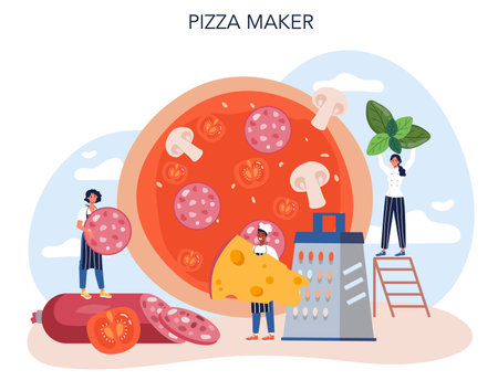 Pizza maker concept. Chef cooking tasty delicious pizza.のイラスト素材