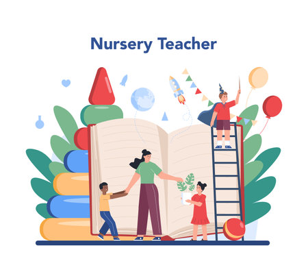 Kindergartener. Professional nany and children doing differentのイラスト素材