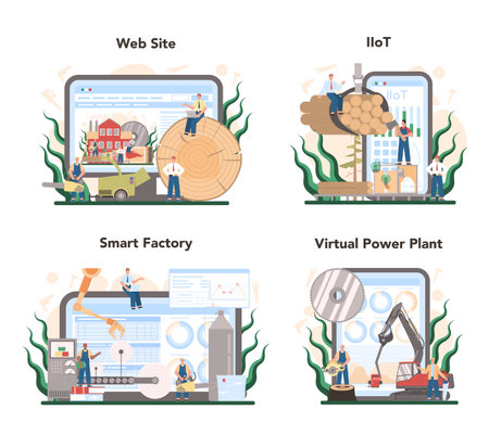 Wood industry and paper production online service or platform setのイラスト素材