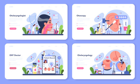Otorhinolaryngologist web banner or landing page set. Idea of ENT doctorのイラスト素材