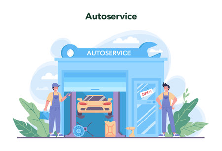 Car service. People repair car using professional tool. Idea of autoのイラスト素材