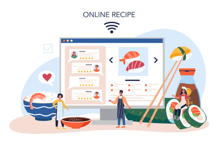 Sushi chef online service or platform. Restaurant chef cooking rollsのイラスト素材