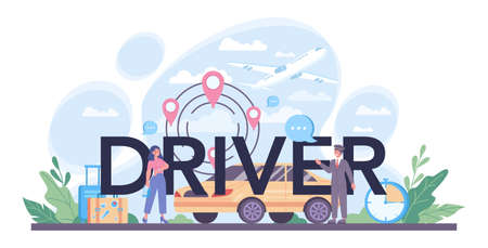Driver typographic header. Automobile cab with driver inside.のイラスト素材