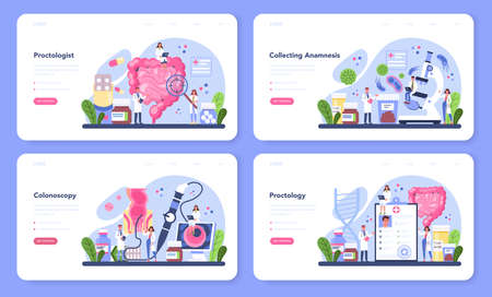 Proctologist web banner or landing page set. Doctor examine intestineのイラスト素材