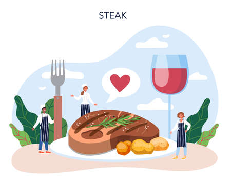 Steak. People cooking tasty grilled meat on the plate. Delicious barbecueのイラスト素材