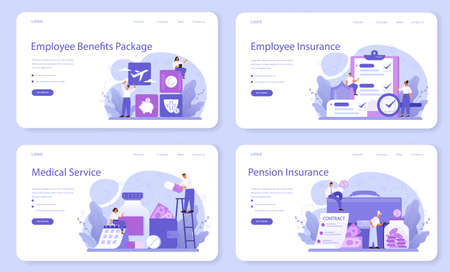Employee benefits package web banner or landing page set. Compensationのイラスト素材