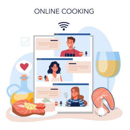 Salmon steak online service or platform. Chef cooking grilled fishのイラスト素材