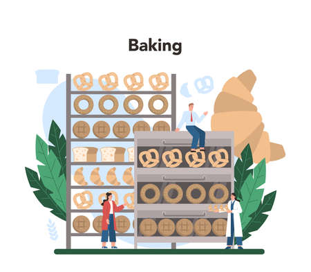 Baking industry concept. Baking pastry process. Bakery workerのイラスト素材