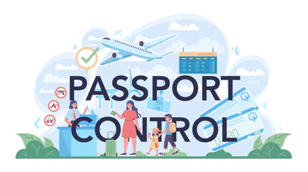 Passport control typographic header. Customs officer at the airport.のイラスト素材