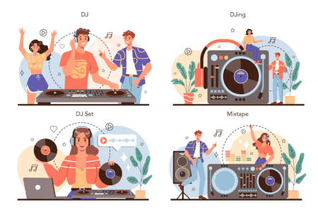 DJ concept set. Person standing at turntable mixer make music in clubのイラスト素材