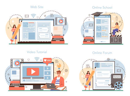 Screenwriter online service or platform set. Playwright create a screenplayのイラスト素材