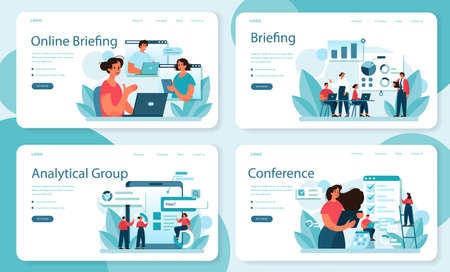 Briefing web banner or landing page set. Business people in front of co-workers