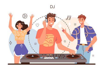 DJ concept. Person standing at turntable mixer make music in clubのイラスト素材