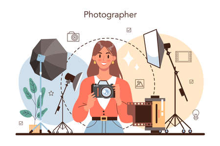 Photographer concept. Professional photographer with camera taking picturesのイラスト素材