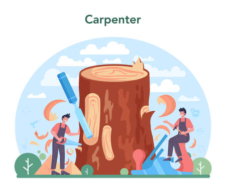 Carpenter concept. Woodworker processing wood-block. Builder workingのイラスト素材