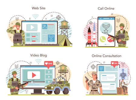 Soldier online service or platform set. Millitary force employeeのイラスト素材