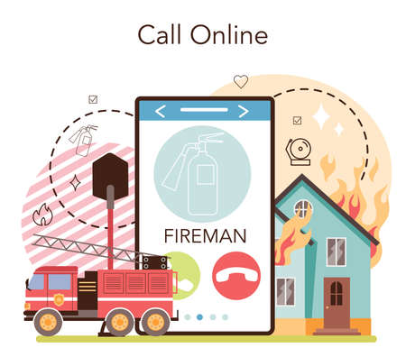 Firefighter online service or platform. Professional fire brigadeのイラスト素材