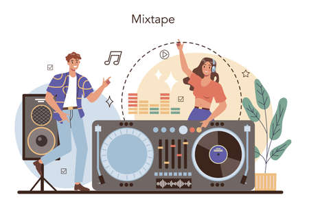DJ concept. Person standing at turntable mixer make music in club. Club music composer with headphones. Isolated flat vector illustrationのイラスト素材