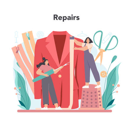 Tailor concept. Fashion designer sewing or fitting clothes. Dressmakerのイラスト素材
