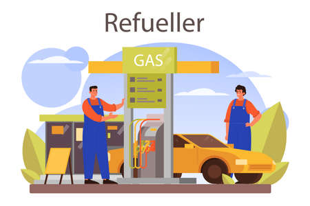 Refueler concept. Gas station worker in uniform working with a fillingのイラスト素材