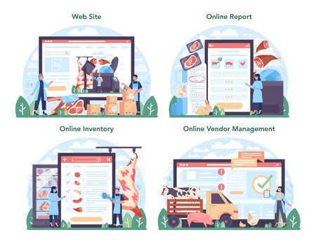 Meat production industry online service or platform set. Butcherのイラスト素材