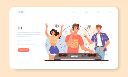 DJ web banner or landing page. Person standing at turntable mixerのイラスト素材