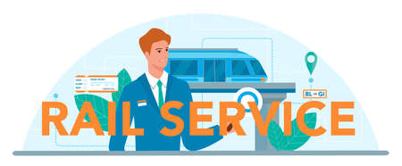 Rail service typographic header. Train conductor in uniform on duty.のイラスト素材
