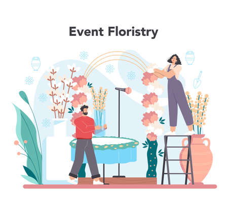 Event floristry concept. Floral designer making bouquet for celebrationのイラスト素材