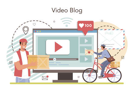 Postman online service or platform. Post office staff providing mailのイラスト素材