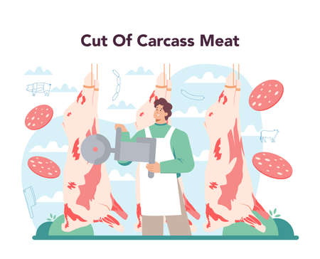 Butcher or meat man concept. Cuts from carcass meat. Fresh meat and semi-finishedのイラスト素材