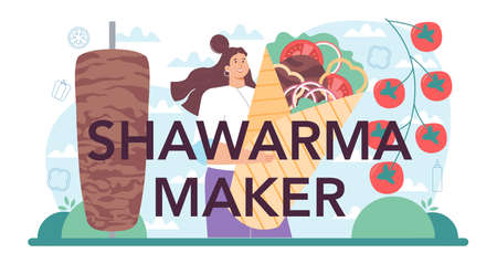 Shawarma maker typographic header. Chef cooking delicious street foodのイラスト素材