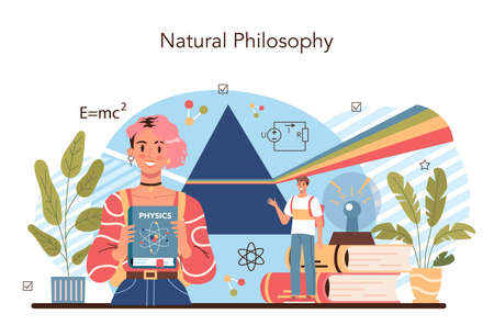 Physics school subject concept. Students explore electricity, magnetismのイラスト素材