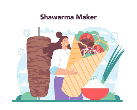 Shawarma street food concept. Chef cooking delicious roll with meaのイラスト素材