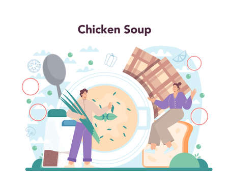 Chicken soup. Tasty meal and ready dish. Chicken meat, onionのイラスト素材