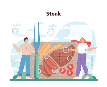 Steak concept. People cooking tasty grilled meat on the plate. Deliciousのイラスト素材