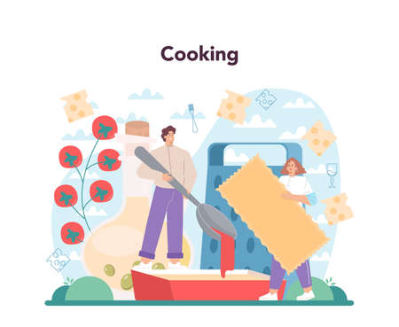 Tasty lasagna. Italian delicious cuisine on the plate. People cookingのイラスト素材