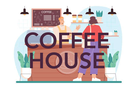 Coffeehouse typographic header. Bartender making a cup of hot coffeのイラスト素材