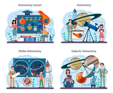 Astronomy school subject set. Students looking through a telescopeのイラスト素材