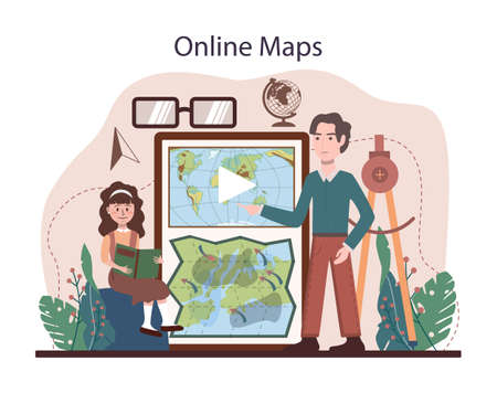Geography class online service or platform. Students learning the landsのイラスト素材