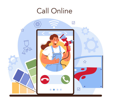 Car service online service or platform. Mechanic in uniform paintのイラスト素材