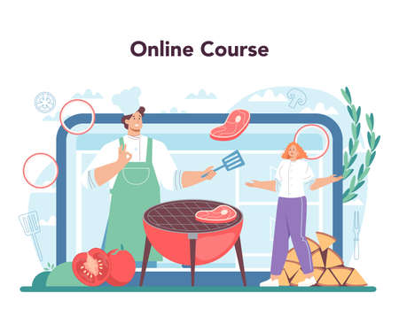Steak online service or platform. People cooking tasty grilled meatのイラスト素材