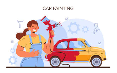 Car service. Mechanic in uniform paint a body of vehicle.のイラスト素材