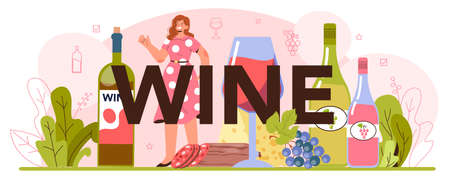 Wine typographic header. Grape wine in a bottle and glass full of alcohol drink.のイラスト素材